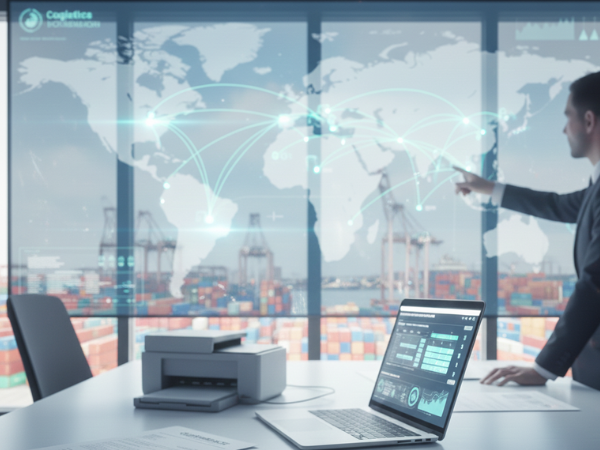 Photo réaliste en haute résolution montrant un environnement professionnel lié au commerce international : un bureau moderne ou une salle de contrôle logistique, avec un grand écran affichant une carte du monde en data-visualisation. Des flux lumineux relient différents ports, aéroports et zones logistiques pour symboliser les importations et exportations. Sur une table, des documents douaniers réels (déclarations, certificats, codes HS floutés), un ordinateur affichant un tableau de conformité ou de contrôle douanier, et éventuellement un scanner de documents. Ambiance sérieuse et sécurisée, lumière maîtrisée, palette bleu/gris avec accents lumineux. Présence humaine discrète (une main ou silhouette floue montrant un flux ou un document), sans personne identifiable. L’image doit transmettre la structure, la conformité, la maîtrise des risques et l’accompagnement expert en douane.